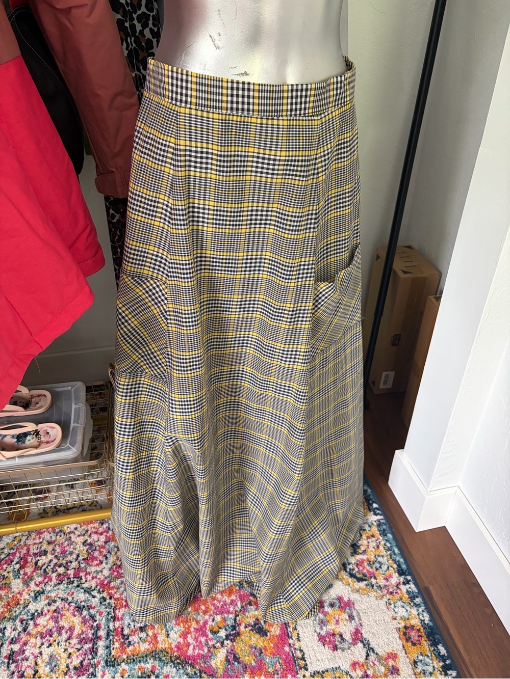 Vintage Fritzi of California Checked Maxi Skirt with Yellow Accents